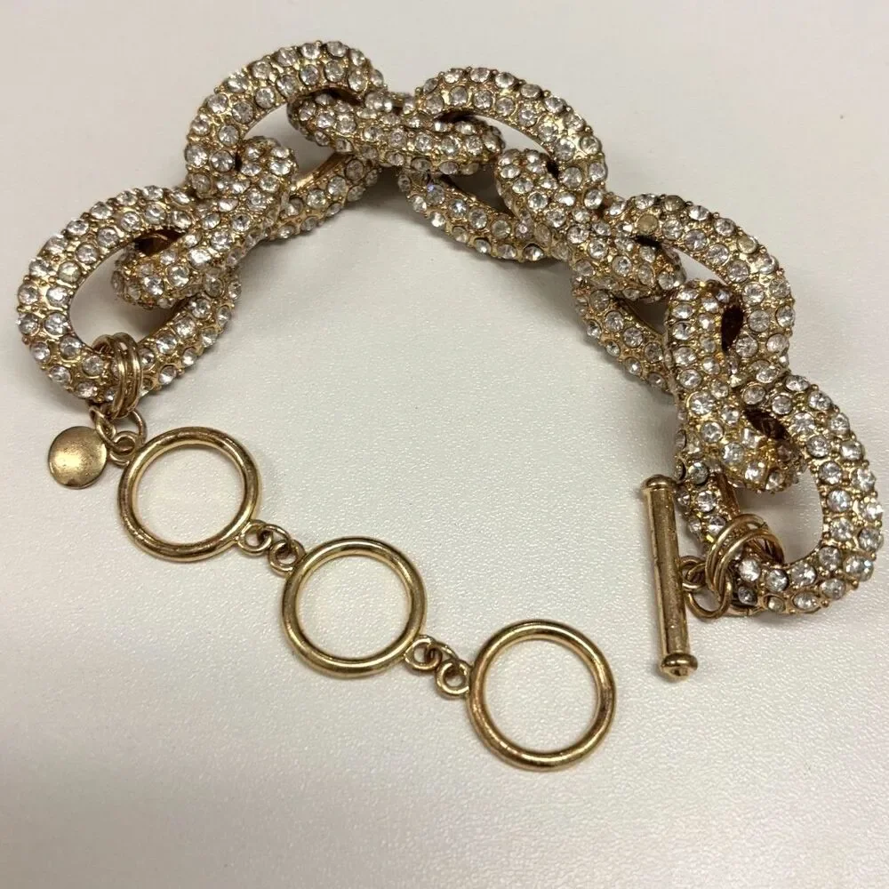 J.Crew Archive Pavé Crystal Chunky Chain Link Bracelet Gold Tone Toggle Closure